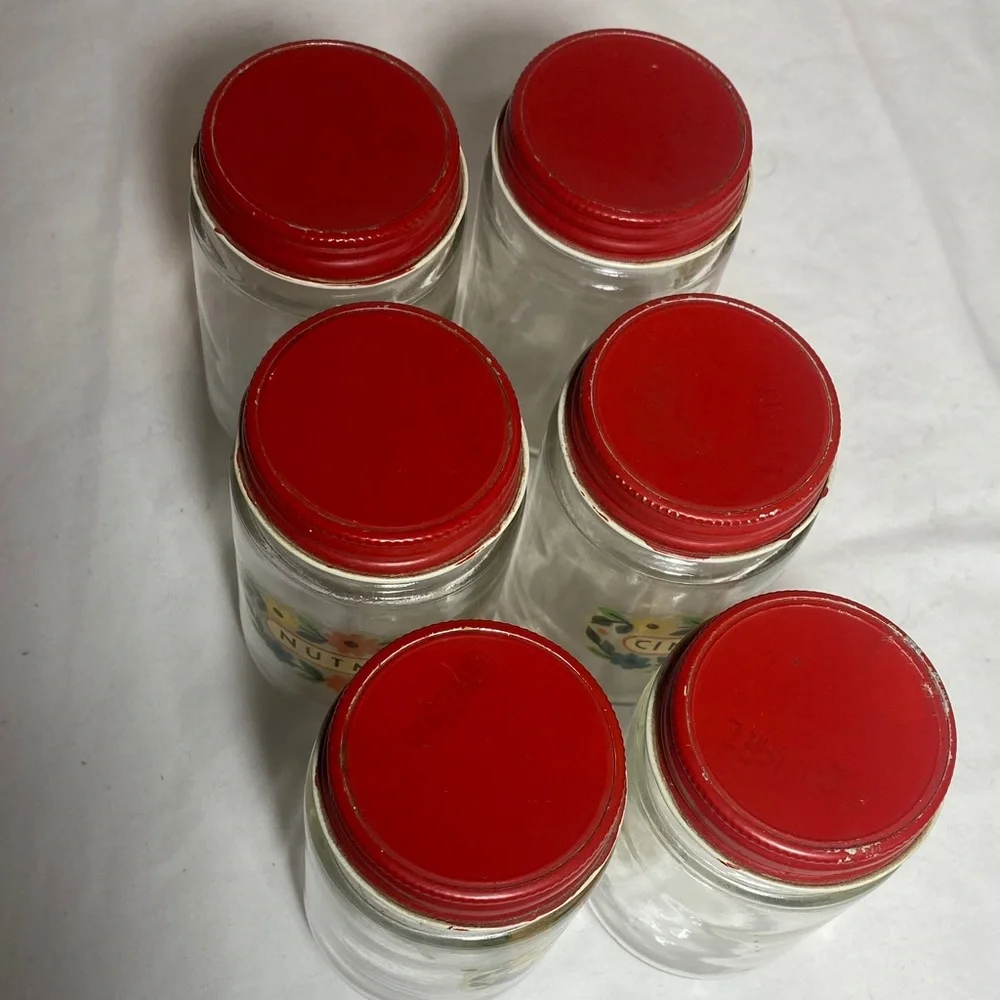 Vintage Set of 6 Glass Spice Jars with Red Metal Lids
